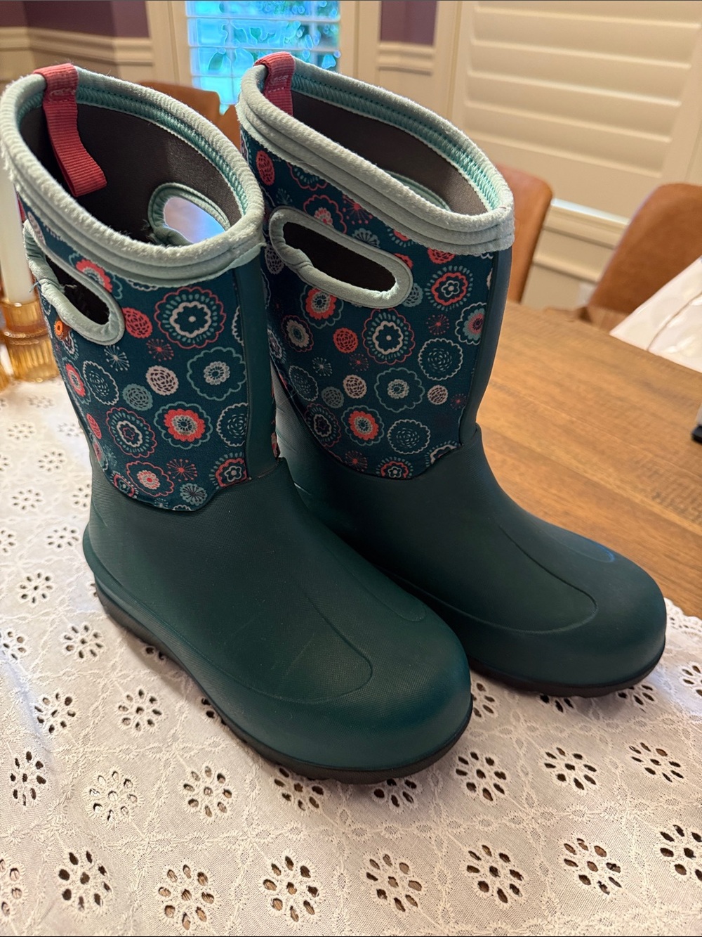Bogs Kids Waterproof Teal Floral Pull-On Rain Boots